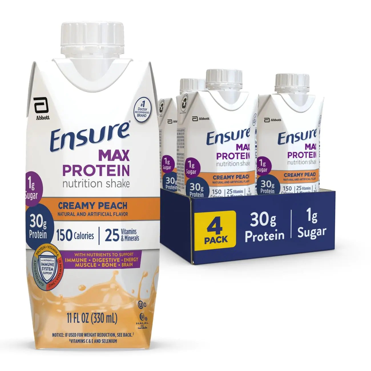 Ensure Max Protein Creamy Peach Nutrition Shake | 30g Protein 1g Sugar 4g Fiber Blend | 4 Pack