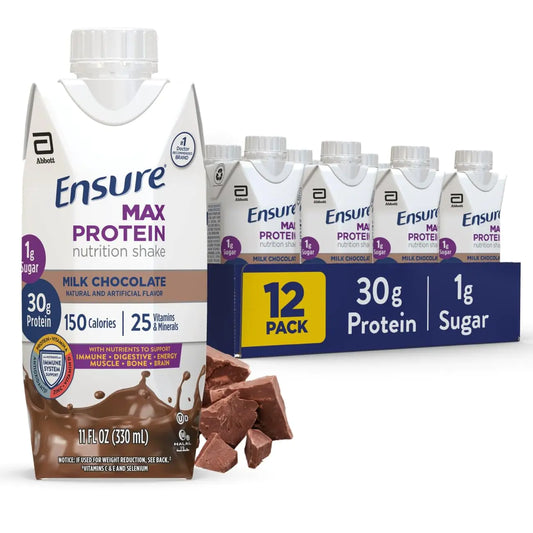 Ensure Max Protein Shake | Milk Chocolate | Ready to Drink | 30g Protein for Muscle Building | 1g Sugar 4g Fiber | 11 fl oz - 12 Pack
