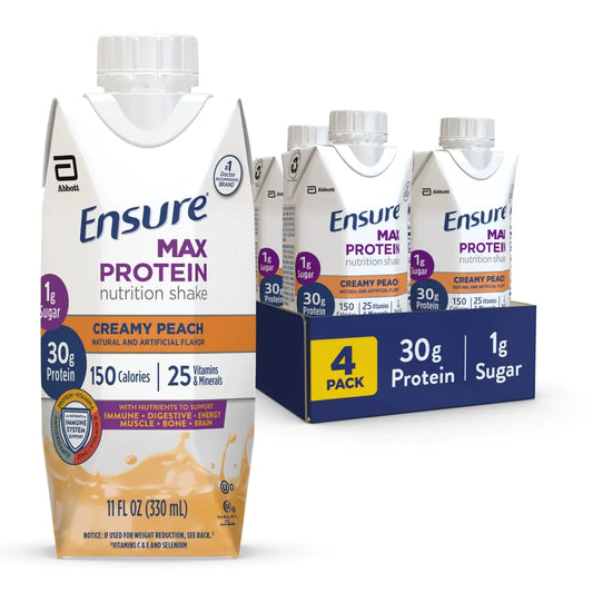 Ensure Max Protein Creamy Peach Nutrition Shake | 30g Protein 1g Sugar 4g Fiber Blend | 4 Pack
